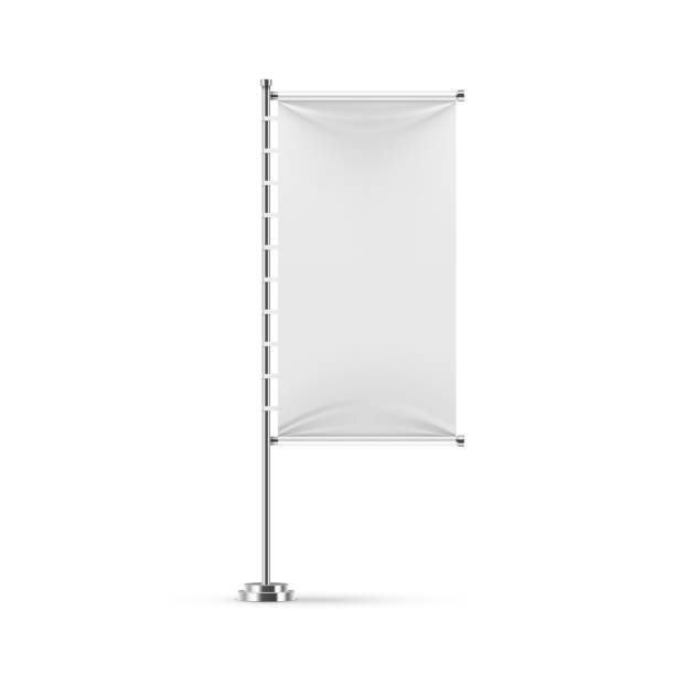 istock Textile blank banner. Empty white realistic outdoor white fabric flag on chrome steel stand. Exhibition promotion mockup. Vector beach feathers and outdoor advertising single isolated object 1306348711