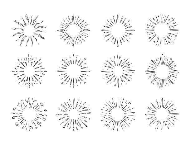 ilustrações, clipart, desenhos animados e ícones de explosão de estrela desenhada à mão. explosão de rabisco ou sol brilham. respingo de água de contorno abstrato. fogos de artifício mínimos e flash de luz. vetores black esboços conjunto de círculo com raios divergentes e respingos - black pencil flash