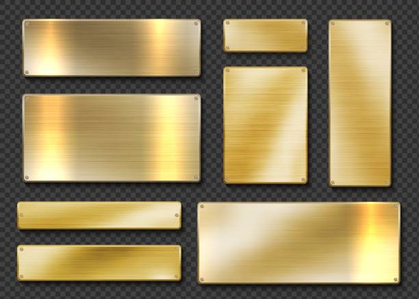 Gold plates. Realistic golden metal banners. 3D screwed boards on transparent background. Planks with glisten metallic texture. Blank square shapes, vector templates set for engraving Gold plates. Realistic golden metal banners. 3D screwed shiny boards on transparent background. Isolated planks with glisten metallic texture. Blank square shapes, vector templates set for engraving brass stock illustrations