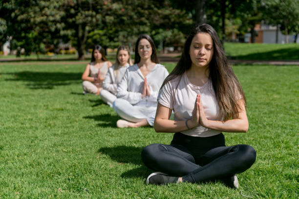 istock Group of women in a meditation class at the park 1306349059