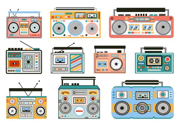 istock Set of cute and colorful old school tape recorders doodles. 1306351041