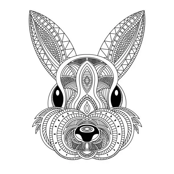Vector illustration of Rabbit head coloring book illustration. Black and white lines.