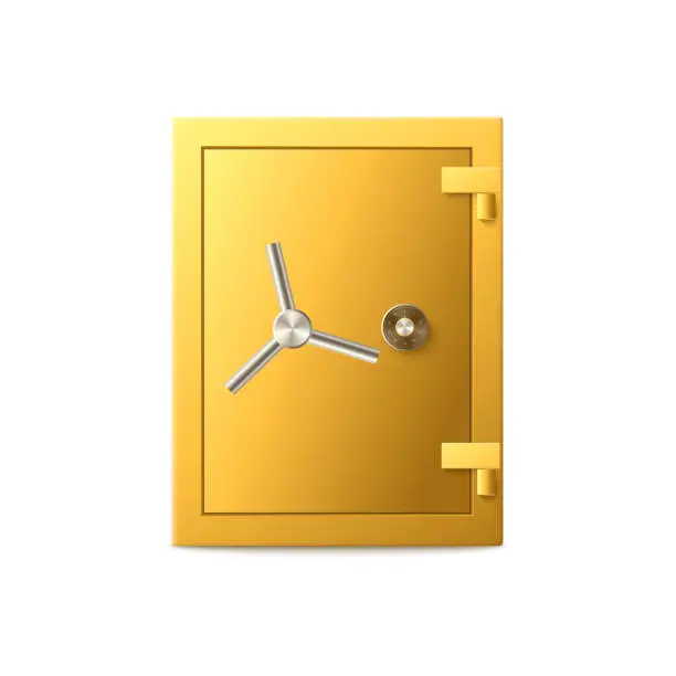 Vector illustration of Golden shiny bank safe box mockup, 3d realistic vector illustration isolated.