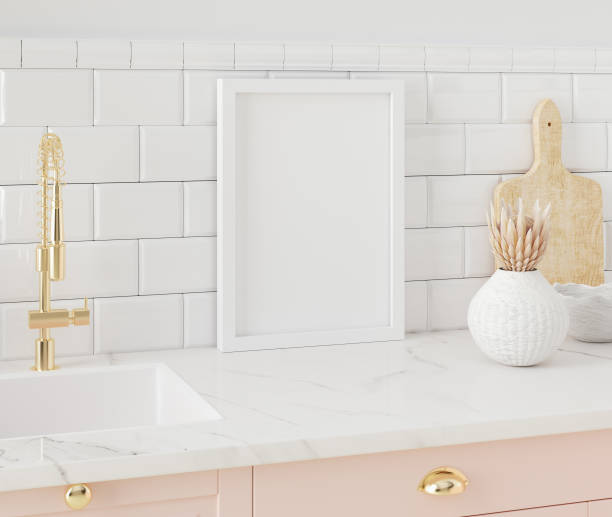 istock Mock up poster frame close-up in kitchen interior, American style 1306351988