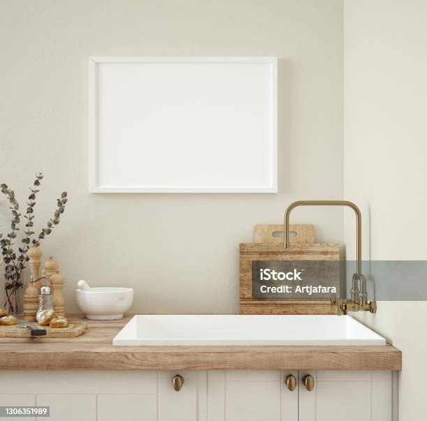 Frame Mockup In Kitchen Interior Background Farmhouse Style 3d Render Stock Photo - Download Image Now