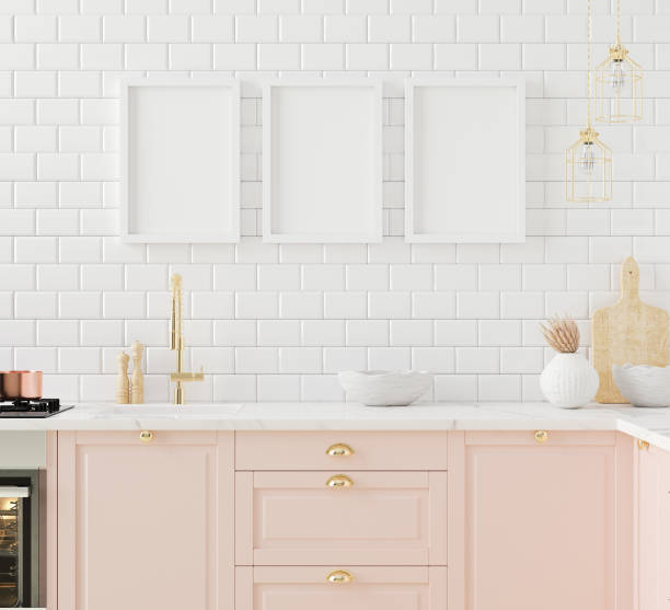istock Mock up poster frame close-up in kitchen interior, American style 1306352017