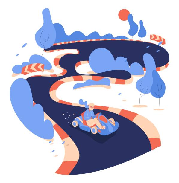 ilustrações, clipart, desenhos animados e ícones de vá de pista de kart com uma mulher andando de carro, árvores azuis e arbustos e barreiras de proteção. isolado na ilustração de atividade de diversão branca - go cart