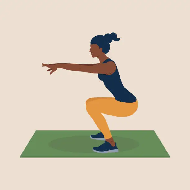 Vector illustration of Young african american Woman in sportwear doing squats on mat