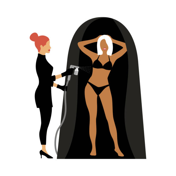 ilustrações de stock, clip art, desenhos animados e ícones de beauty master in a black suit applying tan spray on a woman's body in a protective tent - spray tan body human skin