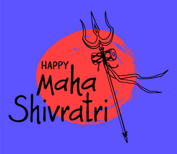 ilustrações, clipart, desenhos animados e ícones de cartão de saudação "feliz maha shivratri". letras. trishula de deus shiva, tambor damaru. - trishula