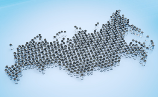 3D concept image of coronavirus COVID-19 vaccine vials lined up in a large group in the shape of Russia.
