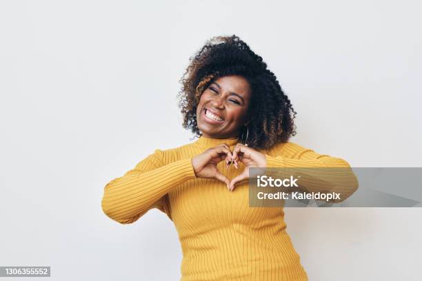 Happy Africanamerican Woman Making Heart With Hands Stock Photo - Download Image Now