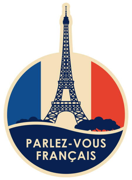 logo or icon with Eiffel tower for Learn French Vector logo or icon on the topic of learning French for language schools or online courses. Round banner with Eiffel Tower and the inscription in french, which translates as Do you speak French eiffel tower paris illustrations stock illustrations
