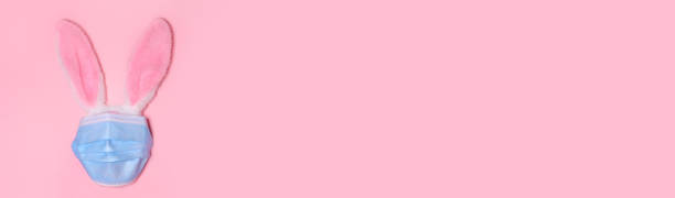 istock Pink bunny rabbit with face protective mask on pink background. Easter quarantine concept.Copy space for text, top view, flat lay. Banner 1306358602