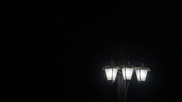 istock Street lanterns in dark. Night lights illuminate at the night. Image for design. Space for text. 1306359704