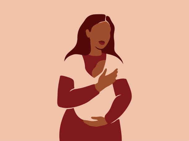 Young mother holds her Newborn Baby in Sling with love and care. African American woman and her infant child together. Happy Mother's Day concept. Young mother holds her Newborn Baby in Sling with love and care. African American woman and her infant child together. Happy Mother's Day concept. Paper cut vector illustration mother stock illustrations