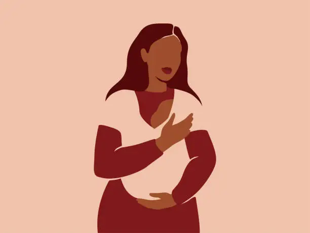 Vector illustration of Young mother holds her Newborn Baby in Sling with love and care. African American woman and her infant child together. Happy Mother's Day concept.
