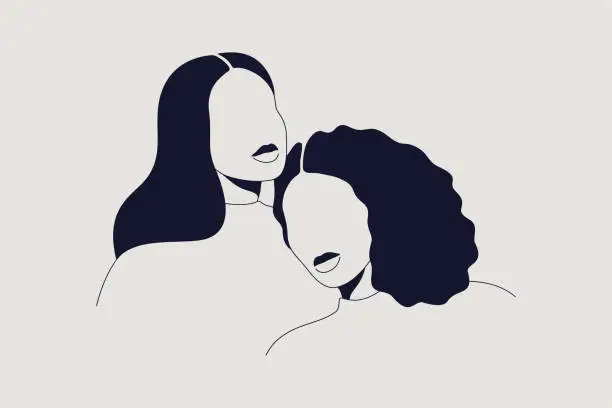 Vector illustration of Two women of different ethnicities and cultures together. Strong and brave girls support each other and the feminist movement. Sisterhood and females friendship.