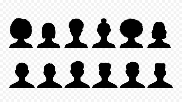 männliche und weibliche avatare silhouetten isoliert gesetzt. schwarz umreißt junge menschen mit trendigen frisuren verschiedener ethnischer gruppen. - black icons stock-grafiken, -clipart, -cartoons und -symbole