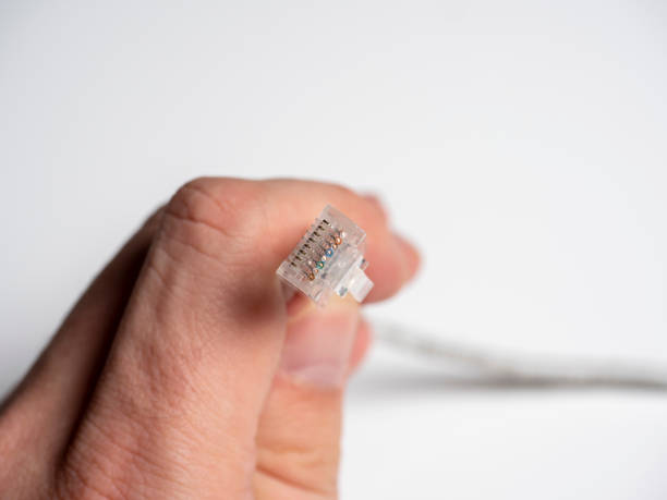 istock male hand holding communication cable patch cord rj45 on white background. Selective Focus 1306364731
