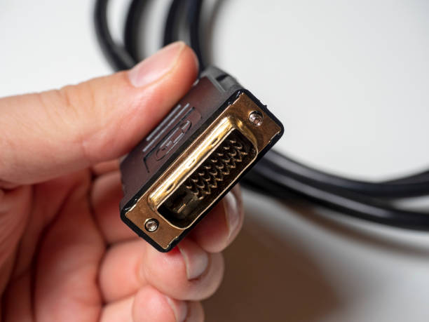 el cable dvi es negro en la mano masculina. cable para transmitir imágenes de vídeo a dispositivos de visualización digital. - dvi fotografías e imágenes de stock