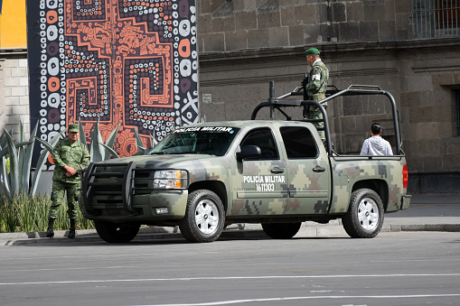 Mexico, Mexico City - 3rd January, 2019: Police military pick-up Chevrolet Cheyenne on a street. This vehicle is used to patrols on the streets.
