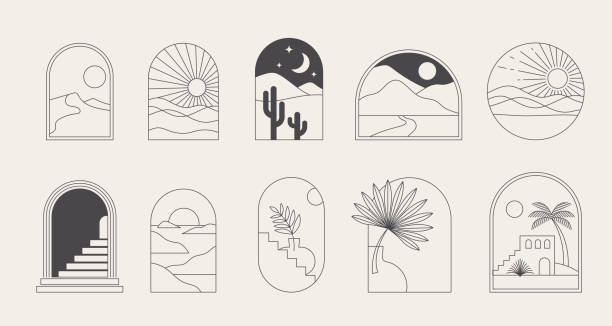 czeskie liniowe logo, ikony i symbole, szablony krajobrazu, łuków i okien, geometryczne abstrakcyjne elementy projektu do dekoracji. - desert stock illustrations