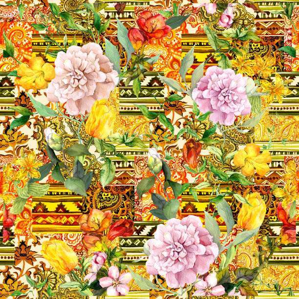 istock Flowers and mix of decorative ornaments. Repeating eastern background. Watercolor intricate design 1306370156