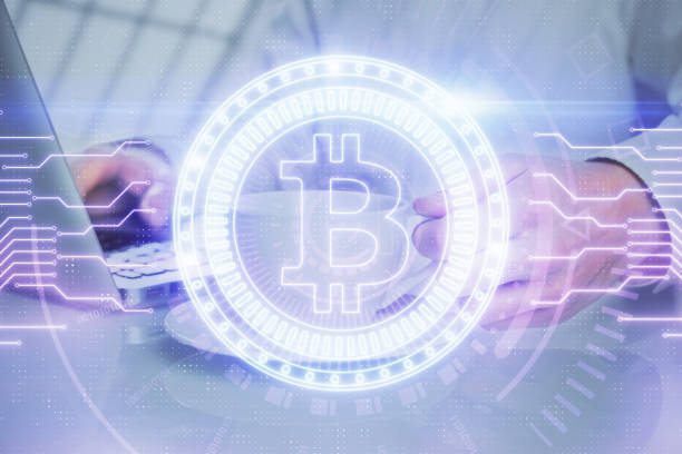 istock Blockchain theme hud with businessman working on computer on background. Concept of crypto chain. Multi exposure. 1306370395