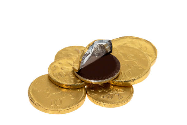 chocolate money - chocolate coins imagens e fotografias de stock