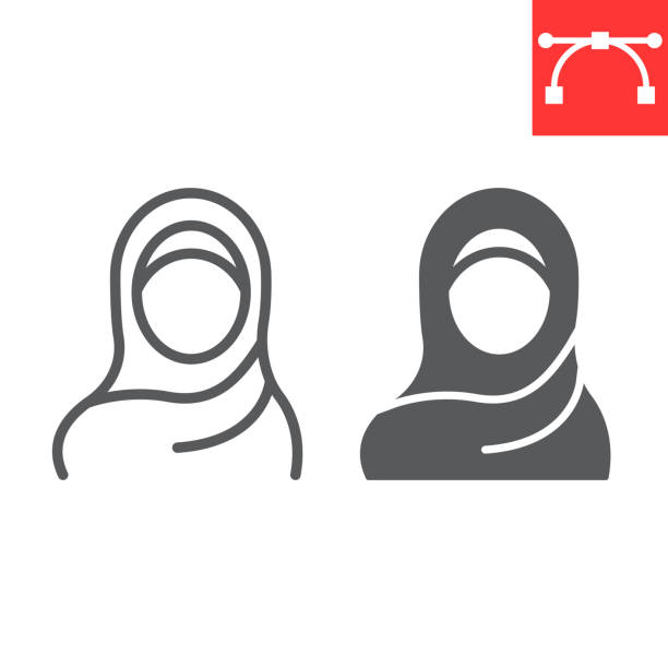 illustrations, cliparts, dessins animés et icônes de femme utilisant la ligne de hijab et l’icône de glyphe, fille et religion arabes, icône de vecteur de femme musulmane, graphiques vectoriels, signe modifiable de contour de course, eps 10. - vêtement modeste