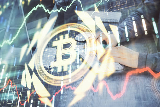 istock Blockchain theme hud with businessman working on computer on background. Concept of crypto chain. Multi exposure. 1306371302