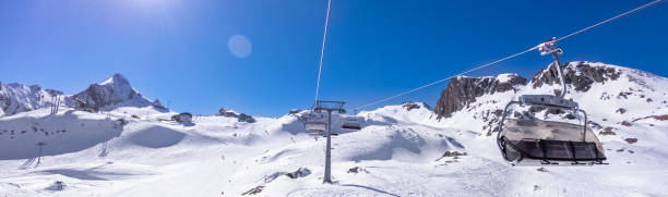 istock winter skiing area with cable car, banner 1306371303