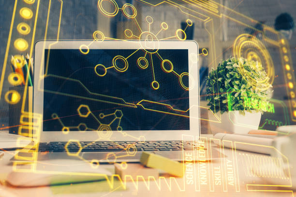 istock Double exposure of desktop with personal computer on background and tech theme drawing. Concept of Bigdata. 1306371916