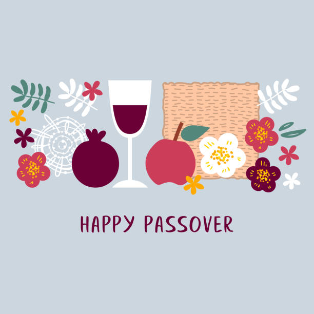 glücklich essach hintergrund. traditionelle symbole des jüdischen feiertags. matza und wein, granatapfel, apfel, blumen. pessach-hintergrund für den urlaub - passover stock-grafiken, -clipart, -cartoons und -symbole