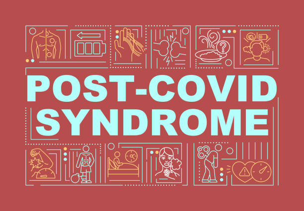 Post covid syndrome word concepts banner Post covid syndrome word concepts banner. Treating results of corona virus pandemia. Infographics with linear icons on red background. Isolated typography. Vector outline RGB color illustration long covid stock illustrations