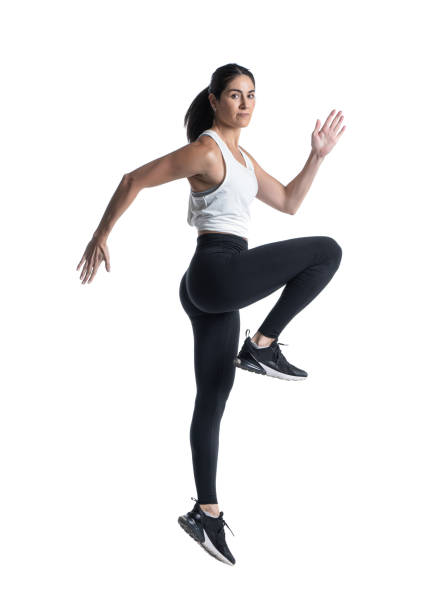 istock Latin woman runner on white background 1306372791