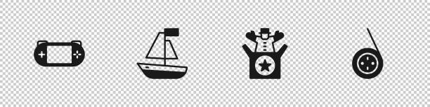 ilustraciones, imágenes clip art, dibujos animados e iconos de stock de configura la consola de videojuegos portátil, el barco de juguete, el juguete jack in the box y el icono yoyo. vector - clown horizontal control string