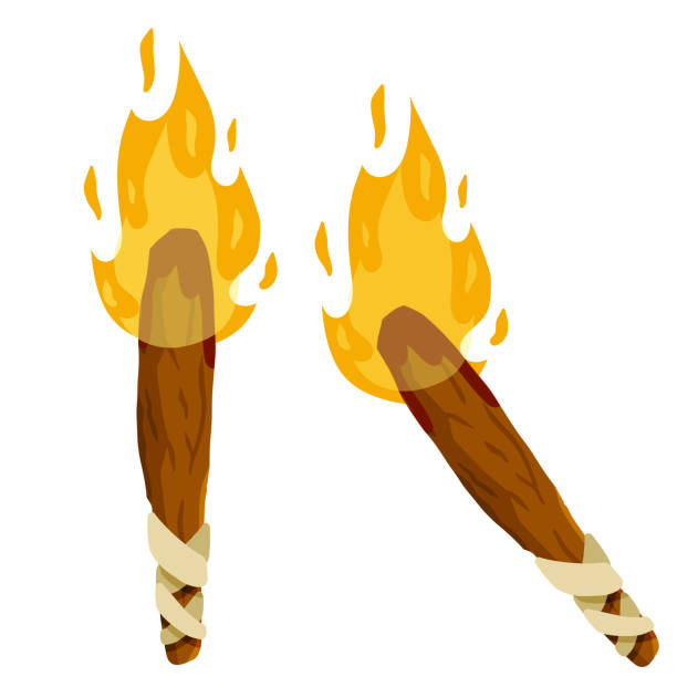 Antorcha y llama. Elemento de iluminación. Vieja herramienta primitiva. Ilustración de dibujos animados planas. Palo de madera con fuego