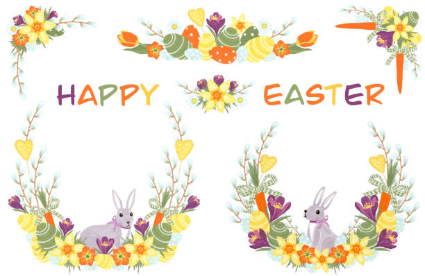 ilustraciones, imágenes clip art, dibujos animados e iconos de stock de felices composiciones de pascua y primavera con conejo, huevos pintados y flores de primavera - christianity orthodox church backgrounds blue