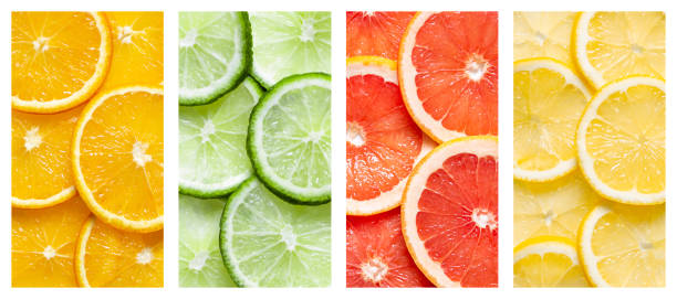 collage d’agrumes citron, orange, lime, pamplemousse - lemon textured peel portion photos et images de collection