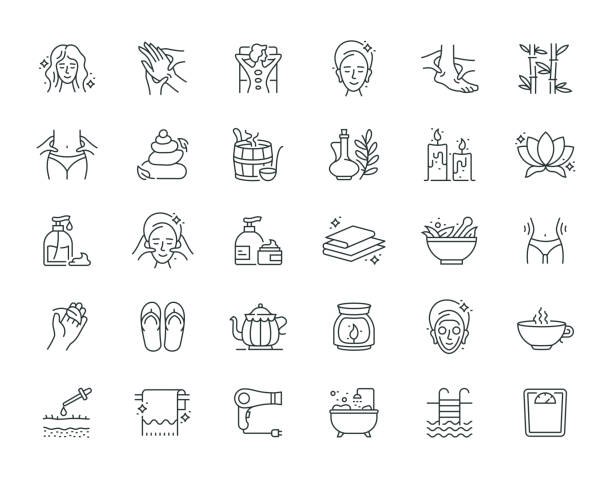 Spa Elements Thin Line Icon Set Series Spa Elements Thin Line Icon Set Series massaging stock illustrations