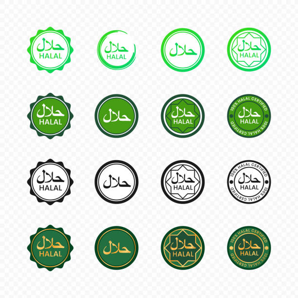 Halal food certified label isolated on white background. Muslim halal certificate badges in classic green, black, gold and bright green colors. Round food certificate tags for packaging Halal food certified label isolated on white background. Muslim halal certificate badges in classic green, black, gold and bright green colors. Round food certificate tags for packaging. halal stock illustrations
