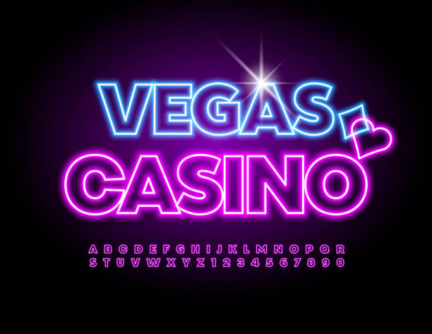 wektor neon znak vegas casino. jasny świecący zestaw liter i cyfr alfabetu - vegas sign stock illustrations