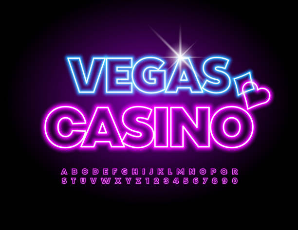Vector neon sign Vegas Casino. Bright glowing Alphabet Letters and Numbers set Led Illuminated Font las vegas stock illustrations