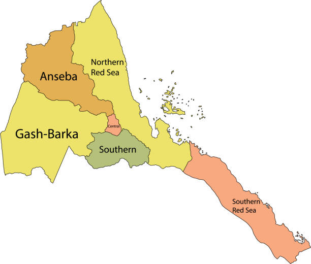 Pastel map of the State of Eritrea Pastel vector map of the State of Eritrea with black borders and names of its regions silhouette of a eritrea stock illustrations