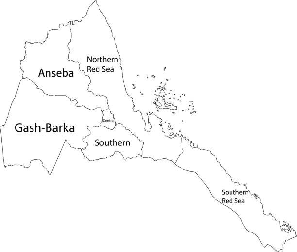 White map of the State of Eritrea White vector map of the State of Eritrea with black borders and names of its regions silhouette of a eritrea stock illustrations