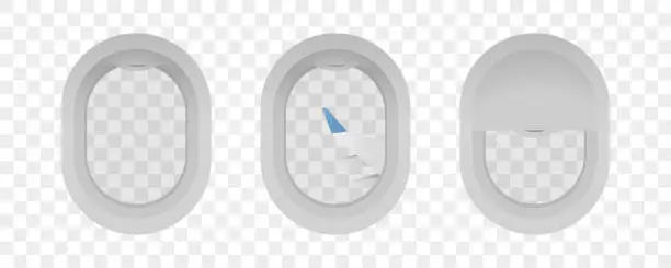 Vector illustration of Realistic airplane window. Vectot illustration on  transparent background.Airplane window set. illuminator with transparent glas icon.