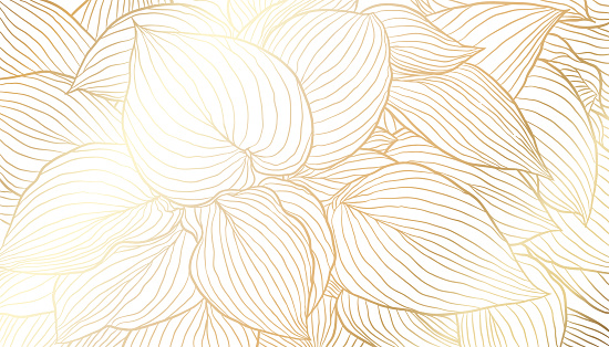 Golden leaves hand drawn line art on white background. Luxury art deco wallpaper design for print, poster, cover, banner, fabric, invitation. Vector digital illustration.