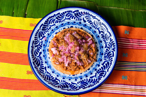 토스타다, 전형적인 멕시코 요리, 코치니타 피빌로 만든 - tostada 뉴스 사진 이미지